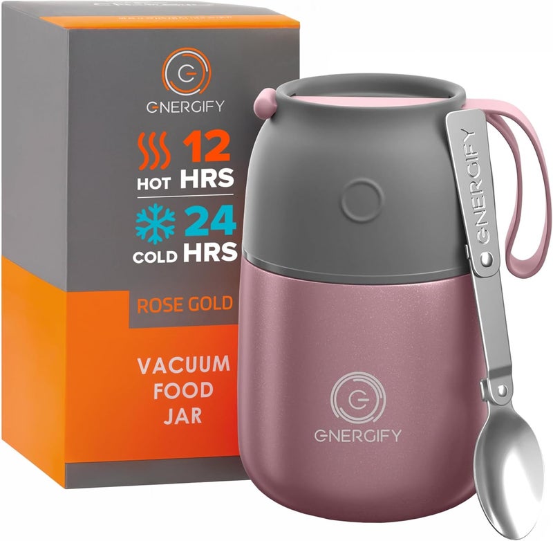 ENERGIFY Vacuum Insulated Food Jar. Large 17oz Bowl incl. Folding Spoon, Cup. Wide Mouth Keep Hot & Cold Drinks Soup Lunch Container for Adults. BPA-Free Stainless Steel, Leak Proof Rose Gold - Image 1